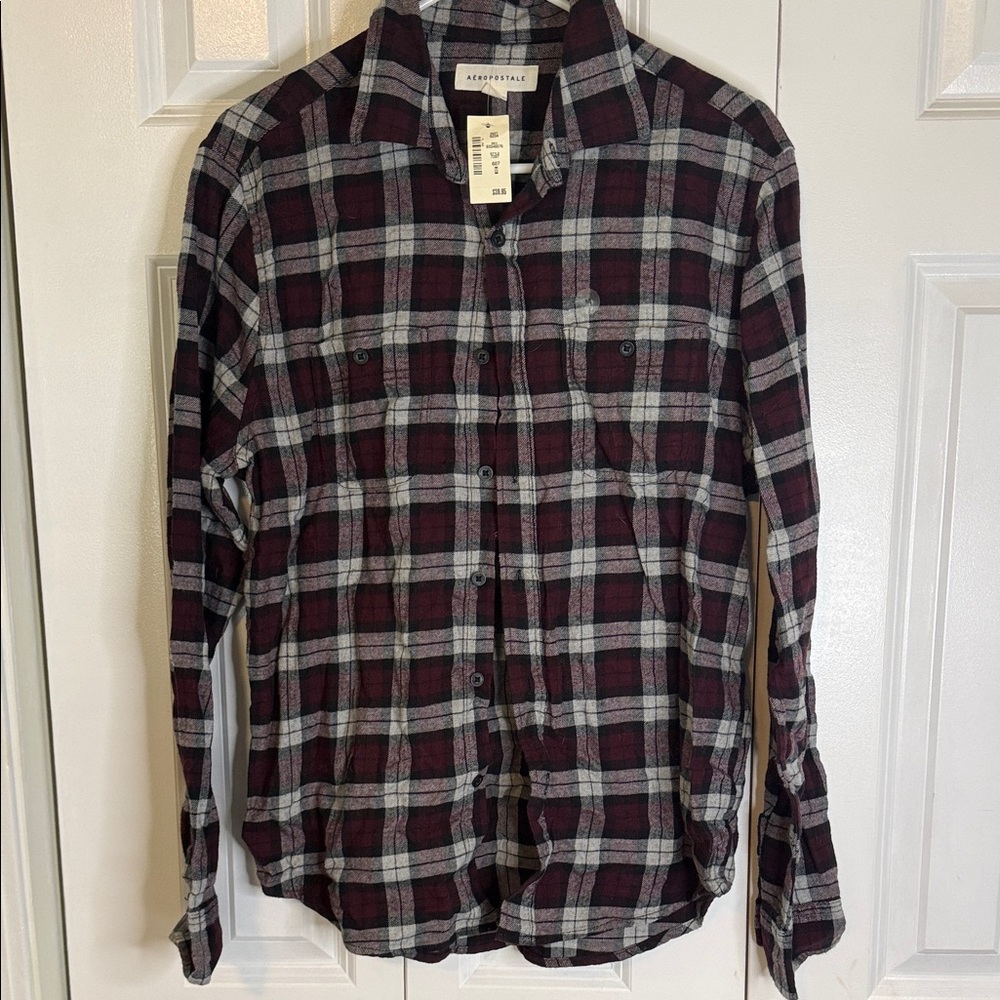 Aeropostale Men's Plaid Shirt - Burgundy and Gray